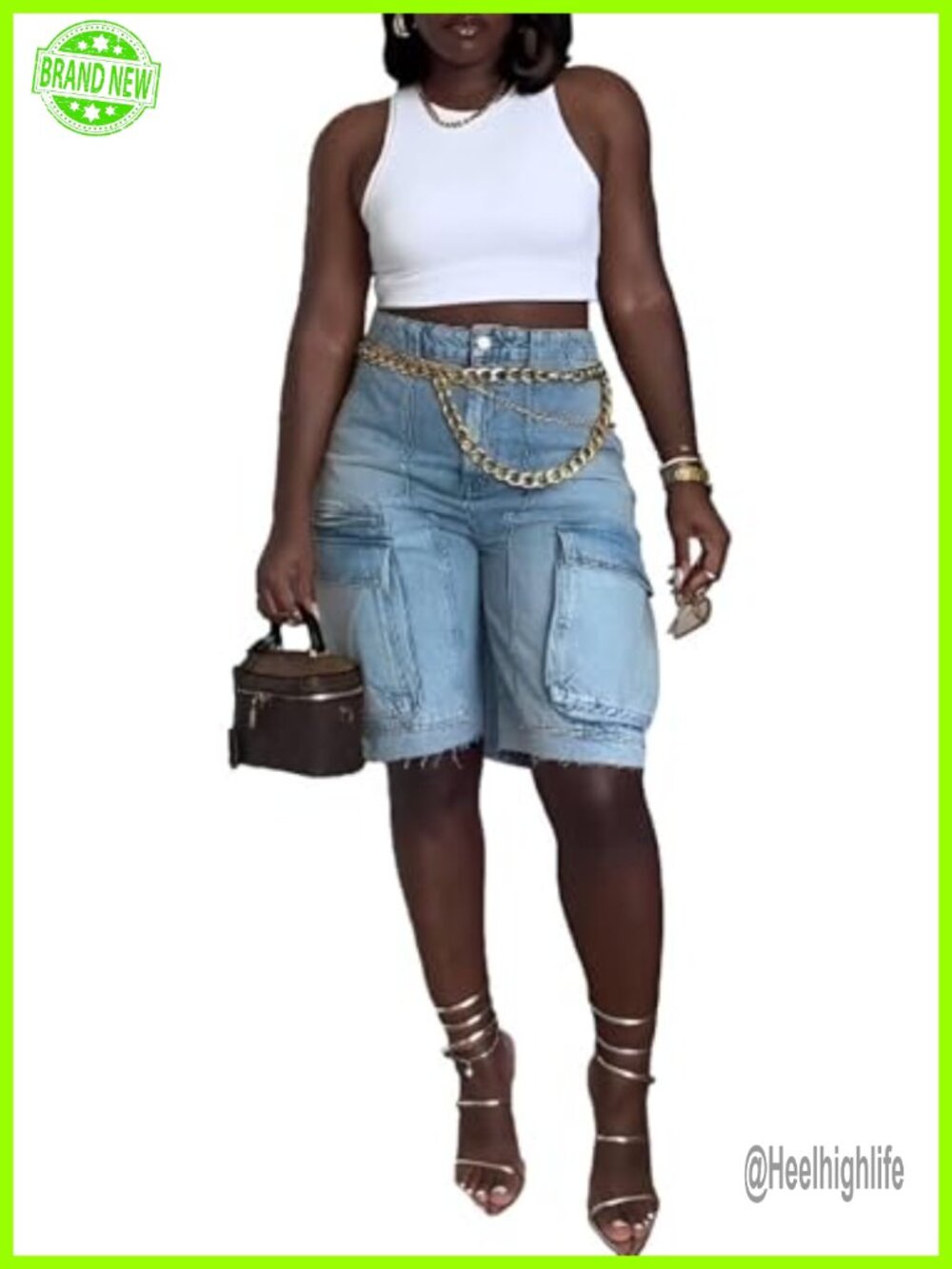 High Waist Straight Leg Cargo Jean Shorts with Pockets
